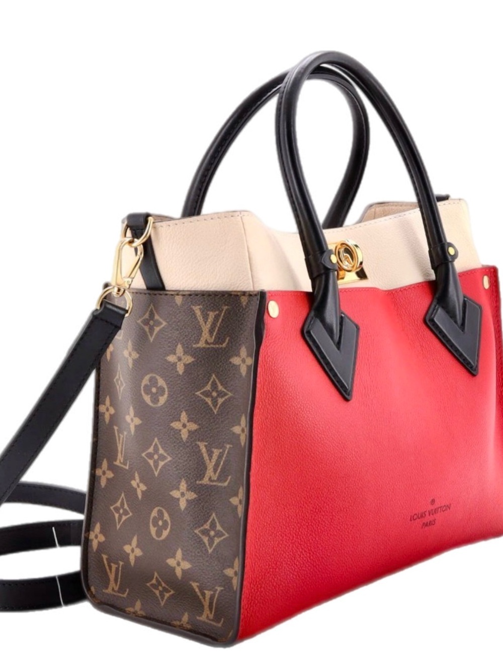 Authentic Louis Vuitton On My Side MM Red Calf Leather Monogram Tote Shoulder Ba - Picture 5 of 13